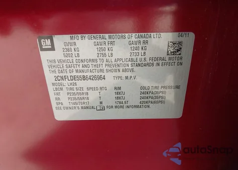 2011 Chevrolet Equinox 1Lt z USA, uszkodzony, nr VIN 2CNFLDE55B6426964